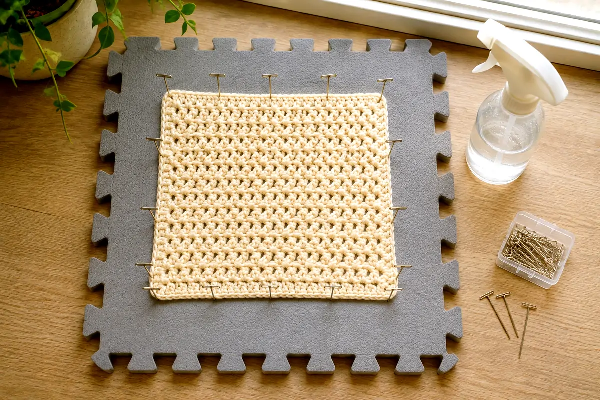 Crochet square pinned flat on a blocking mat to stop it from curling