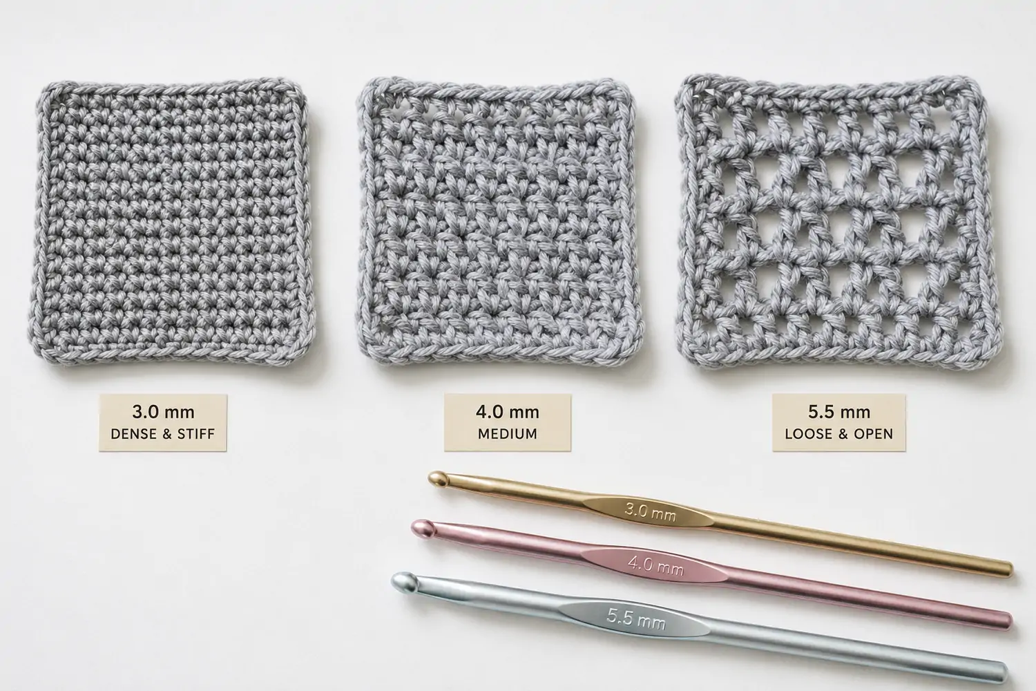 Three crochet swatches made with different hook sizes showing which one stops crochet curling