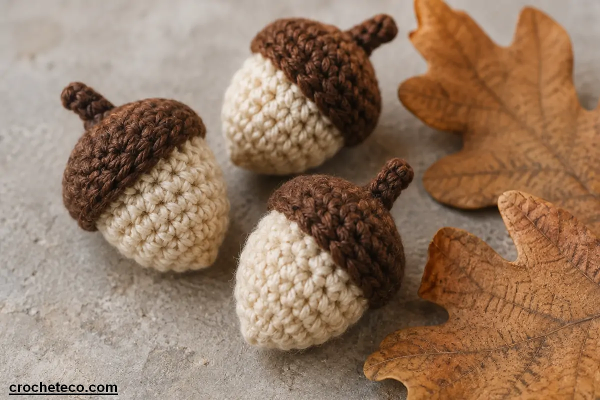 Mini crochet acorns with brown caps beside dried oak leaves