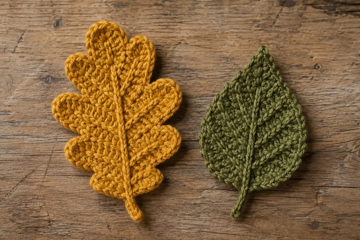 Crochet oak leaf and birch leaf in gold and green yarn on rustic wood