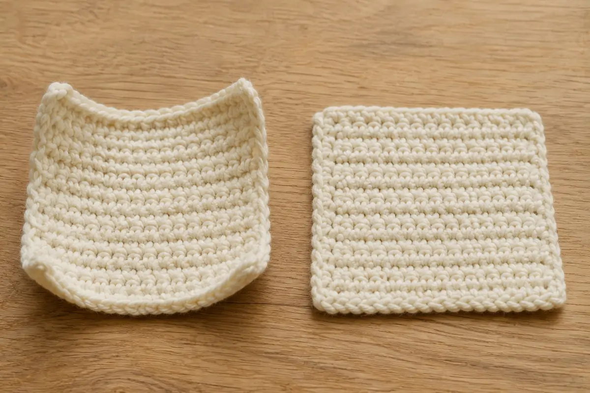 Two crochet swatches showing why crochet is curling compared to one lying flat