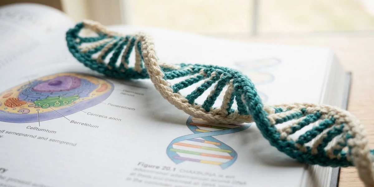 Teal and cream crochet DNA double helix bookmark on an open biology book