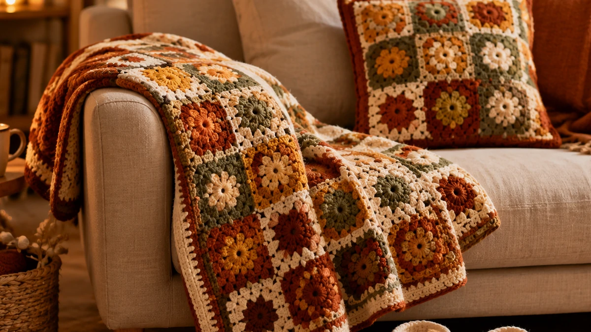 Granny square lap blanket, pillow cover and slippers as fall crochet projects for beginners