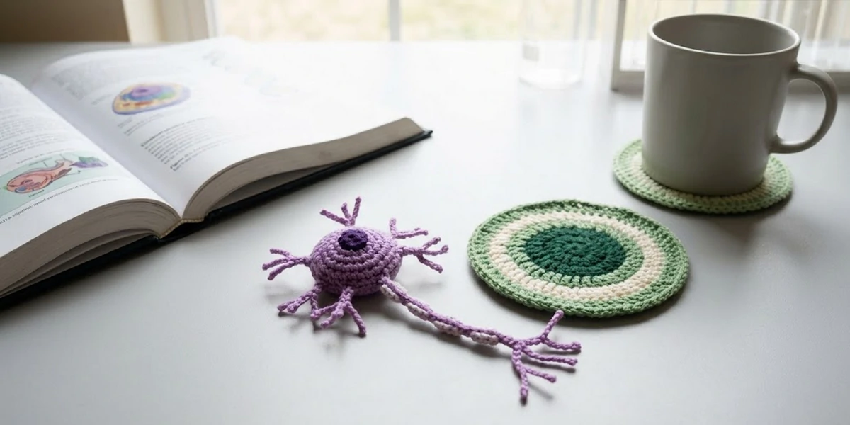 Purple crochet neuron keychain beside a green crochet cell coaster