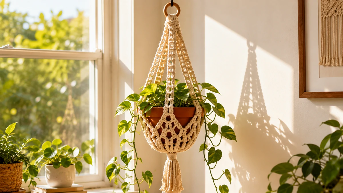 Crochet plant hanger that looks like macrame holding a trailing plant by a sunny window