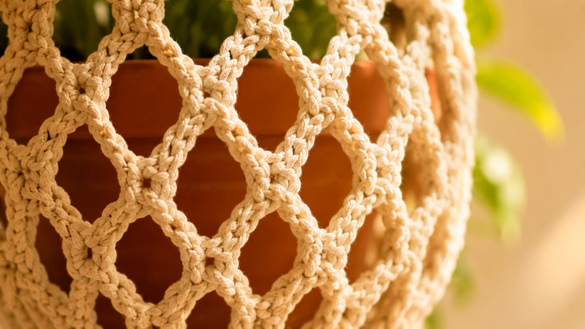 Close-up of the open crochet mesh pattern that gives a plant hanger a macrame-style look