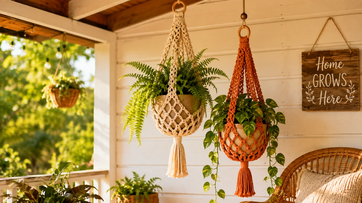Two crochet plant hangers styled like macrame on a covered porch