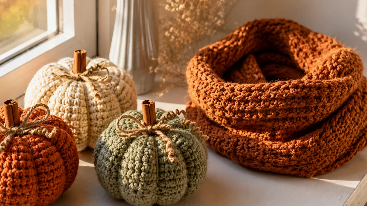 Crochet pumpkins and a cowl as weekend fall crochet projects for beginners