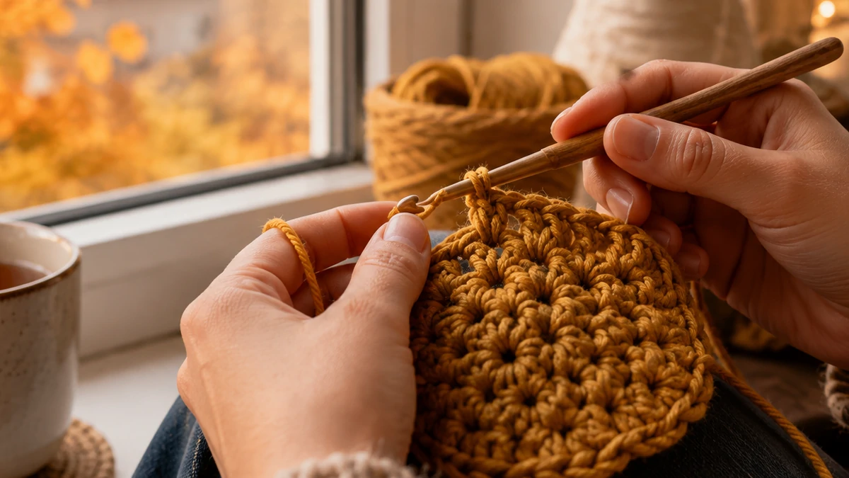 Hands crocheting a small autumn project with mustard yarn beside a window