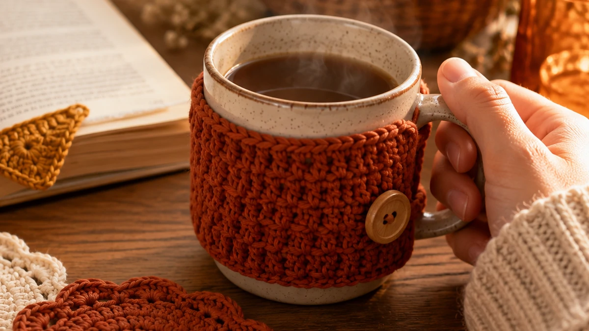 Crochet mug cozy, coasters and bookmark as easy fall crochet projects for beginners