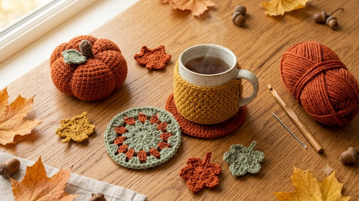 Small finished fall crochet projects for beginners including a pumpkin, coasters and a mug cozy
