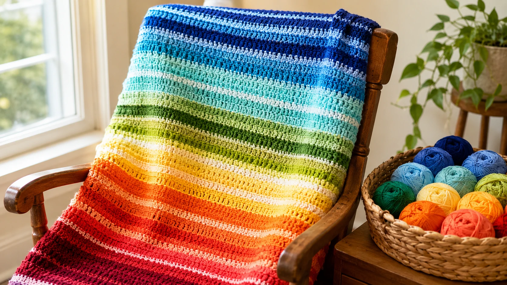 A finished crochet temperature blanket with rainbow stripes showing a full year of weather