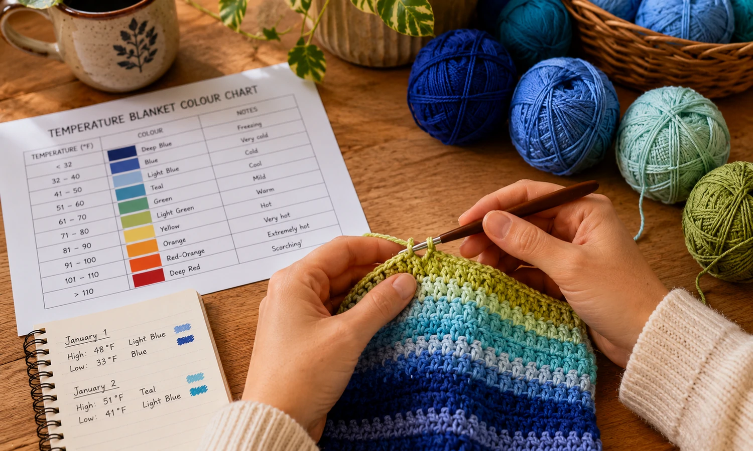 Hands crocheting the first colourful rows of a temperature blanket beside a colour chart
