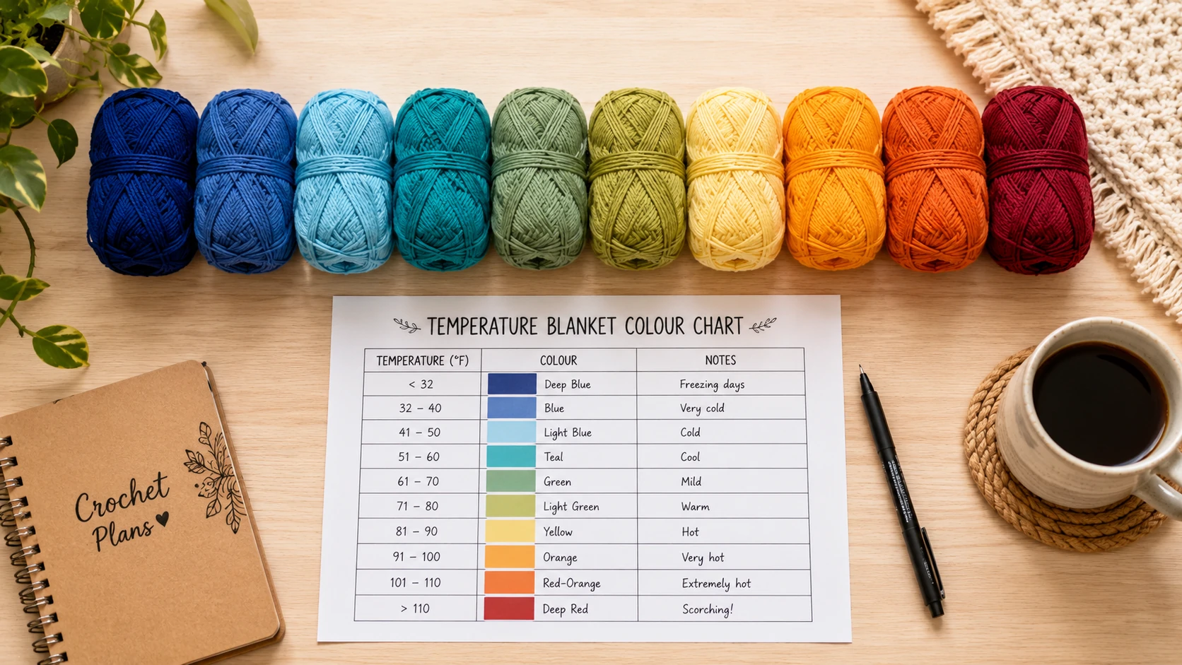 Ten balls of yarn arranged in a temperature gradient beside a colour chart for starting a temperature blanket