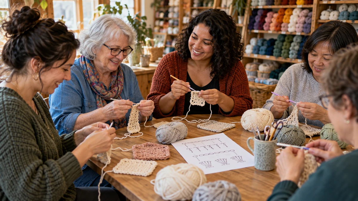 Beginners learning to crochet together at a small local class