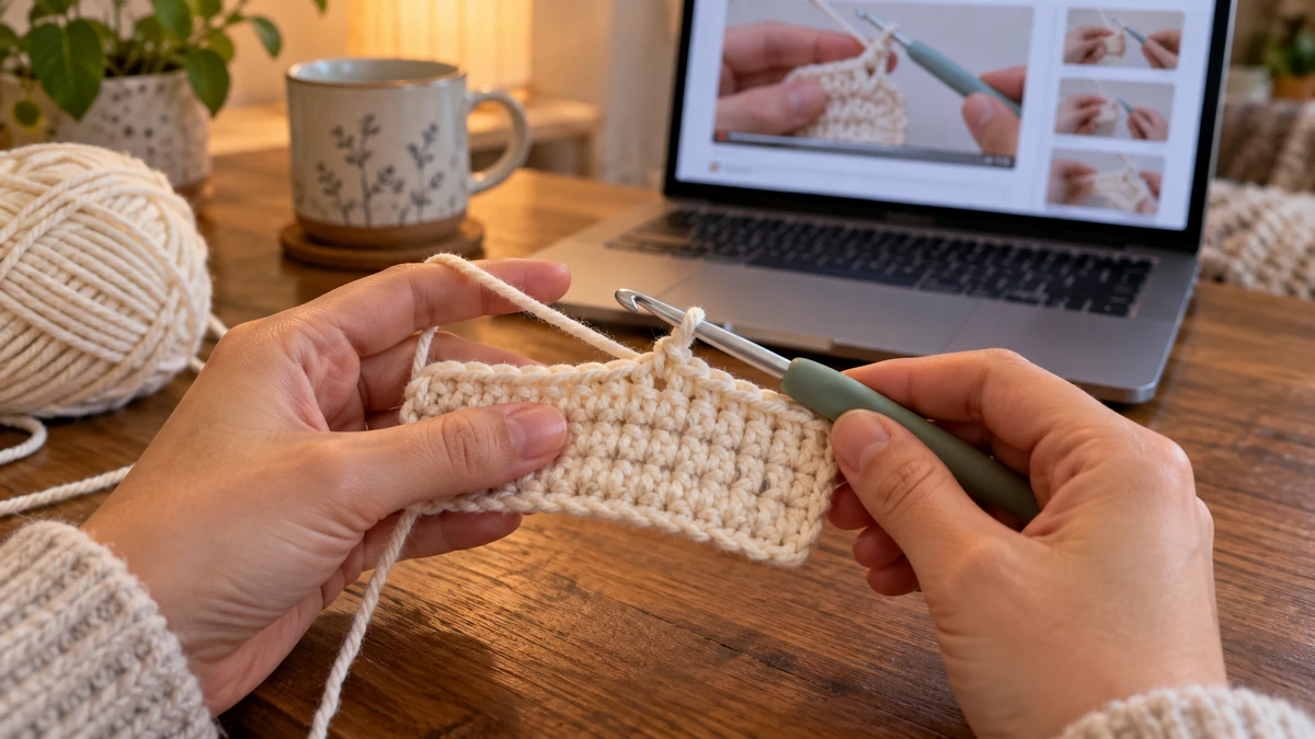 Practicing crochet stitches at home while following an online lesson