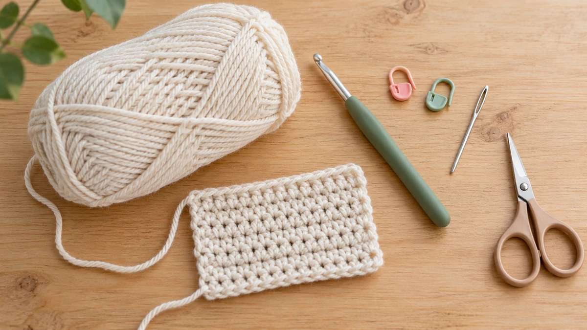 What to bring to a beginner crochet class: yarn, 5 mm hook, scissors and needle