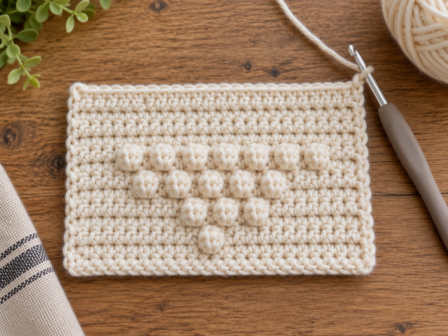 Crochet bobble heart work in progress after four tapestry bobble stitch rows