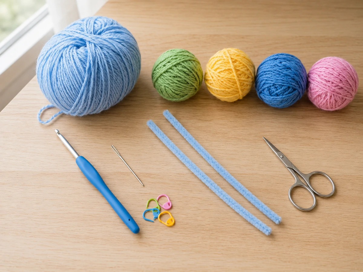 yarn hook and supplies for a crochet DNA double helix model