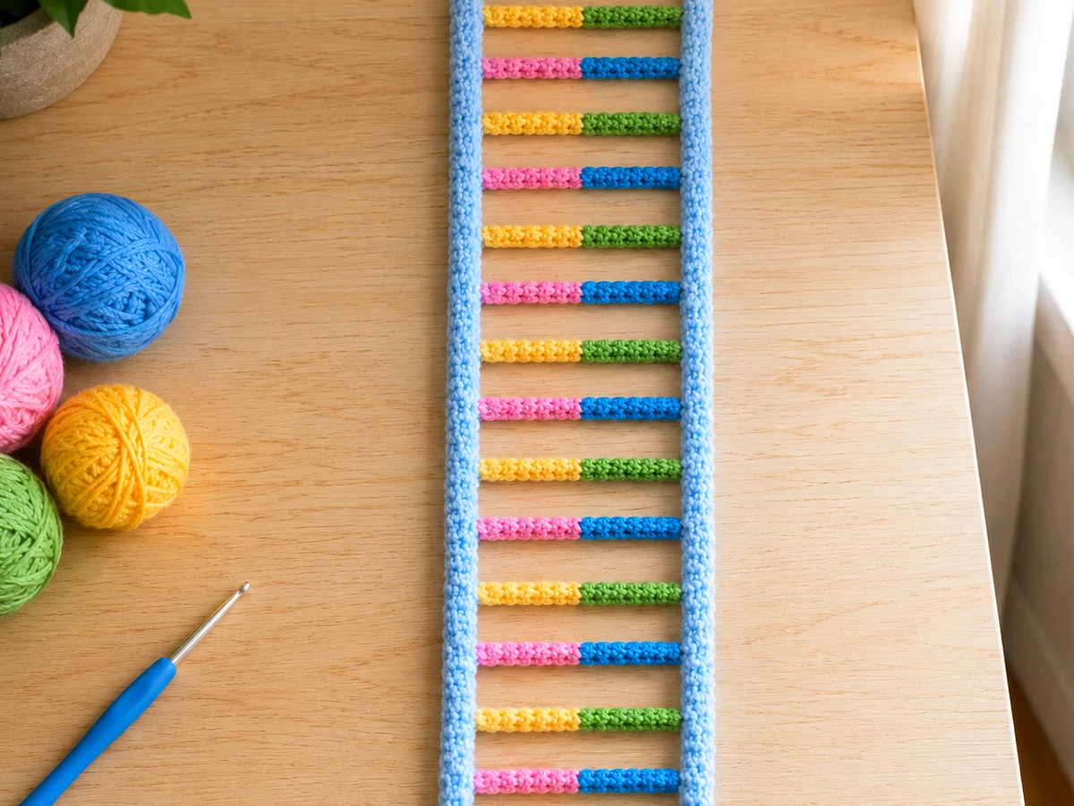 flat crochet DNA ladder with colored base pairs before twisting