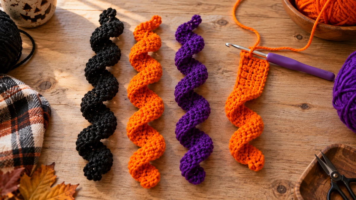 Black, orange and purple spiral strips for a crochet halloween wind spinner, one still in progress