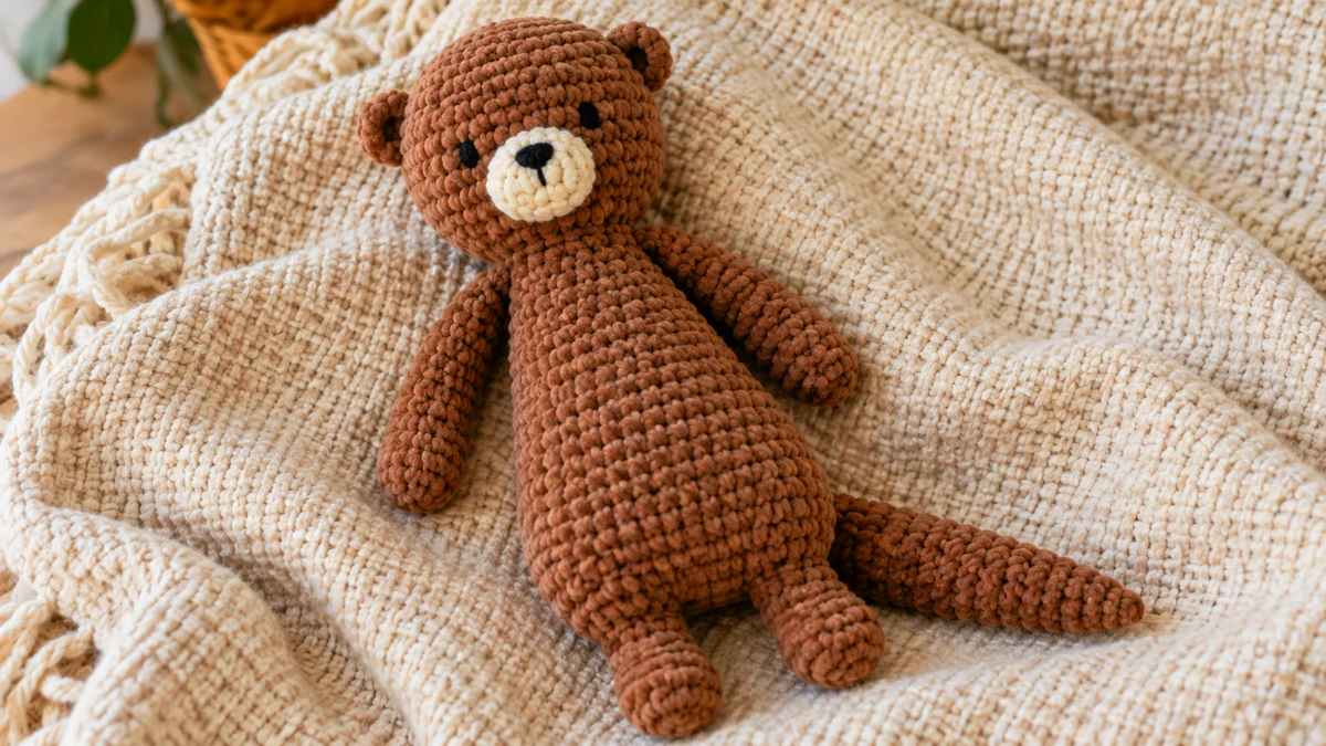 Finished crochet otter snuggler pattern with embroidered face and tapered tail