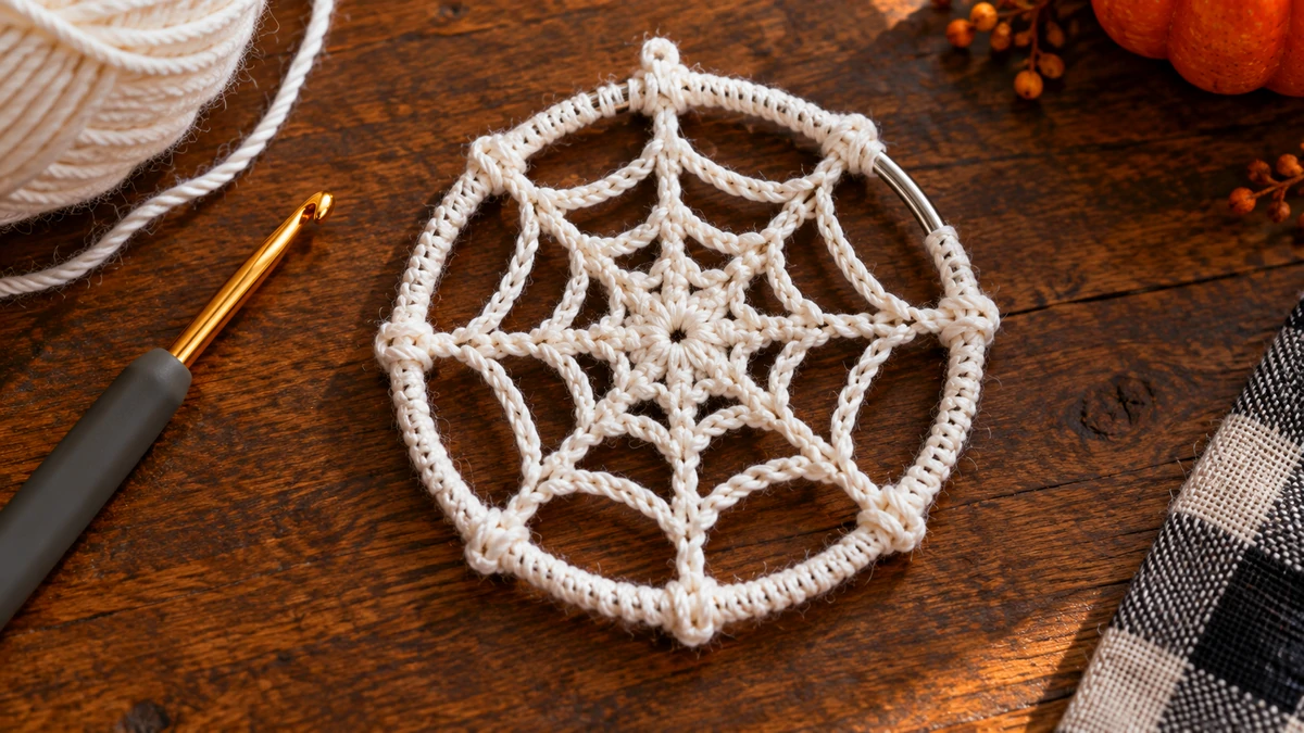 Crochet spiderweb medallion worked around a metal ring for a crochet halloween wind spinner top