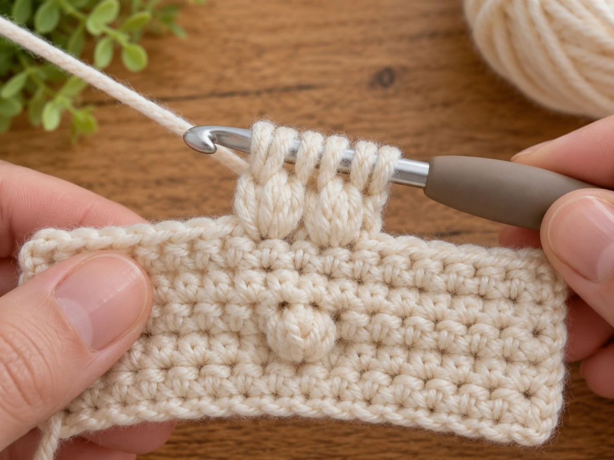 Close-up of a crochet tapestry bobble stitch being worked into one stitch