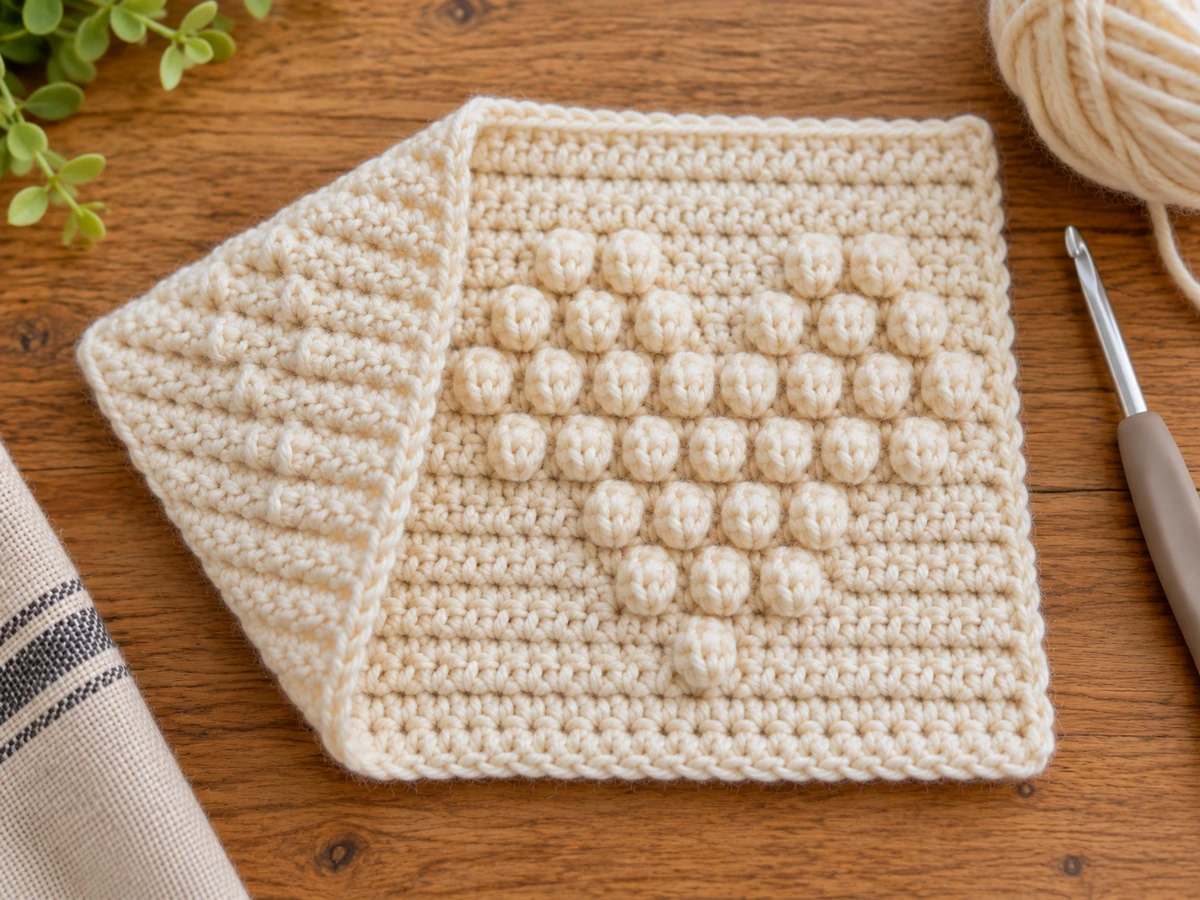 Front and back of a crochet tapestry bobble stitch heart swatch