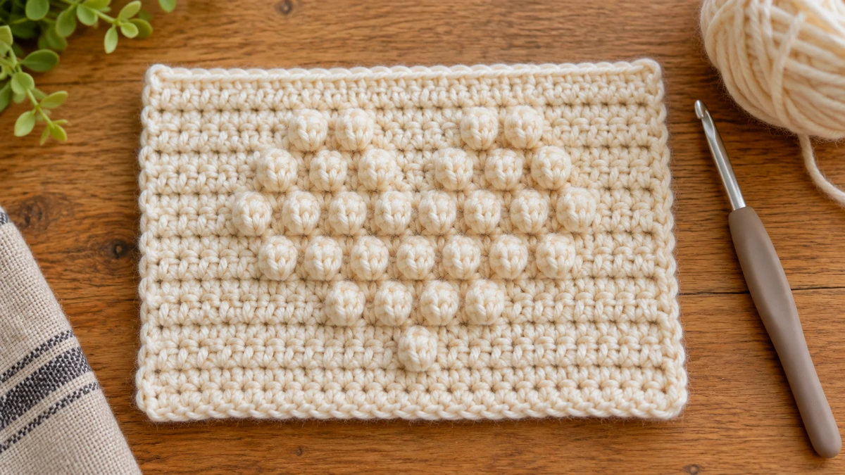 Crochet tapestry bobble stitch heart made with raised bobble pixels