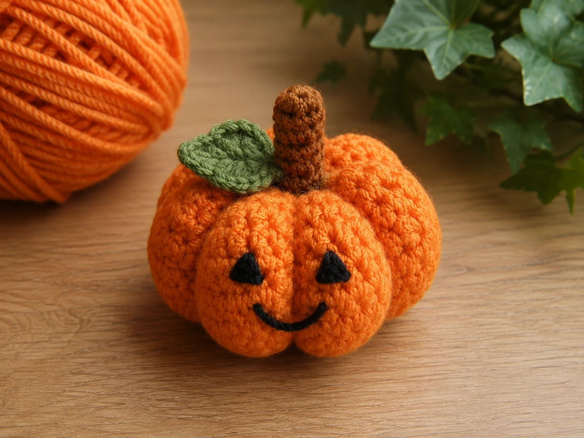 finished orange crochet Halloween pumpkin fidget with brown stem and stitched face