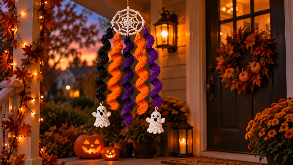 Crochet halloween wind spinner hanging on a decorated porch at dusk with pumpkins below