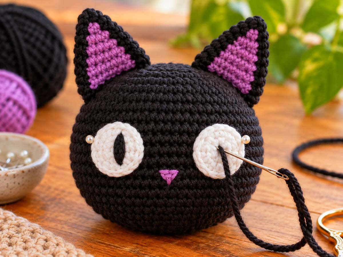 Black Cat crochet pattern free face assembly with white crochet eyes and purple inner ears