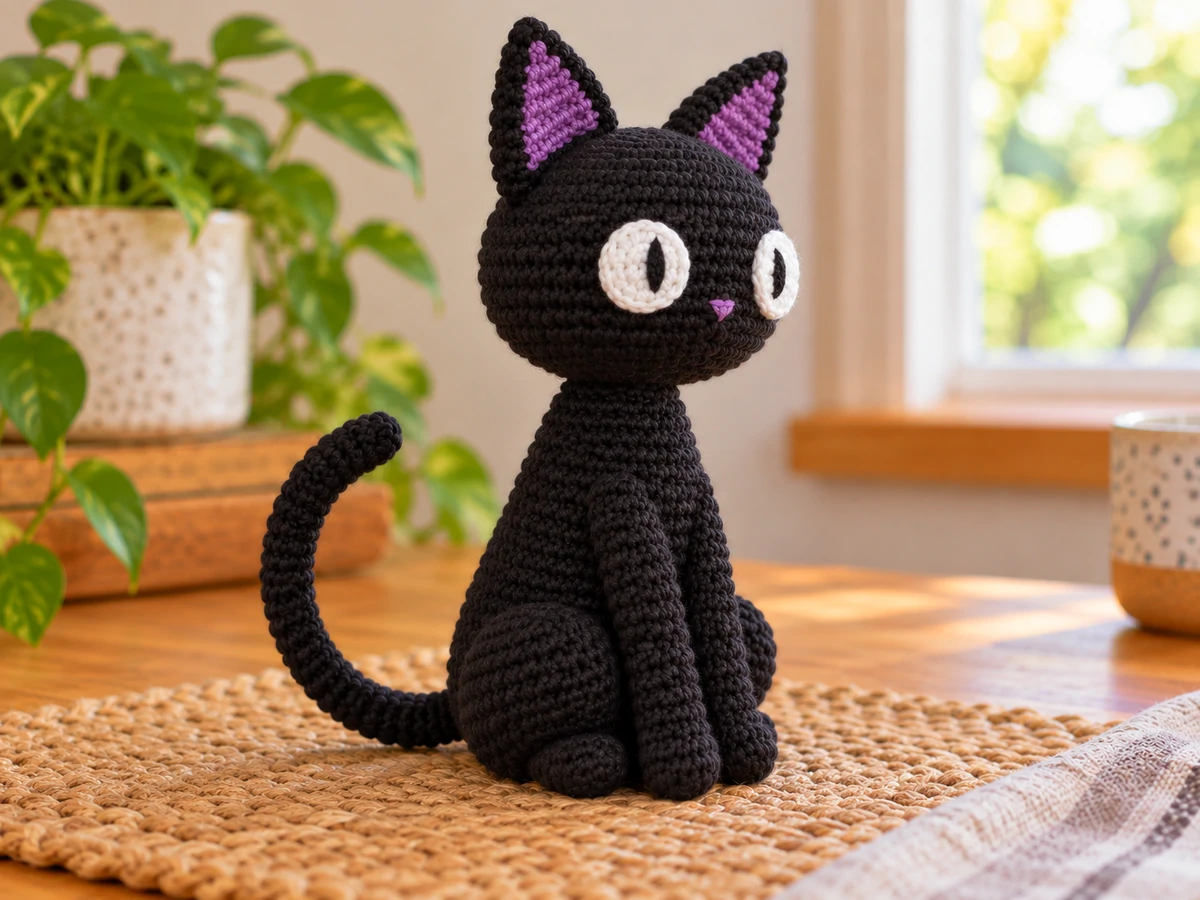 Black Cat crochet pattern free black cat amigurumi with purple ears and long tail
