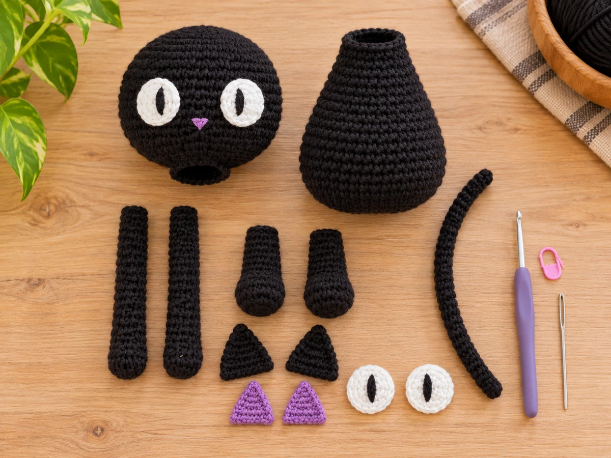 Black Cat crochet pattern free pieces before assembly including head body legs tail ears and eyes
