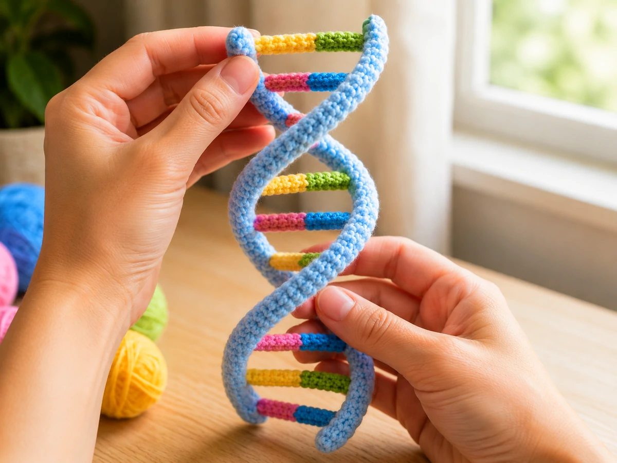 shaping a crochet DNA model into a right-handed double helix