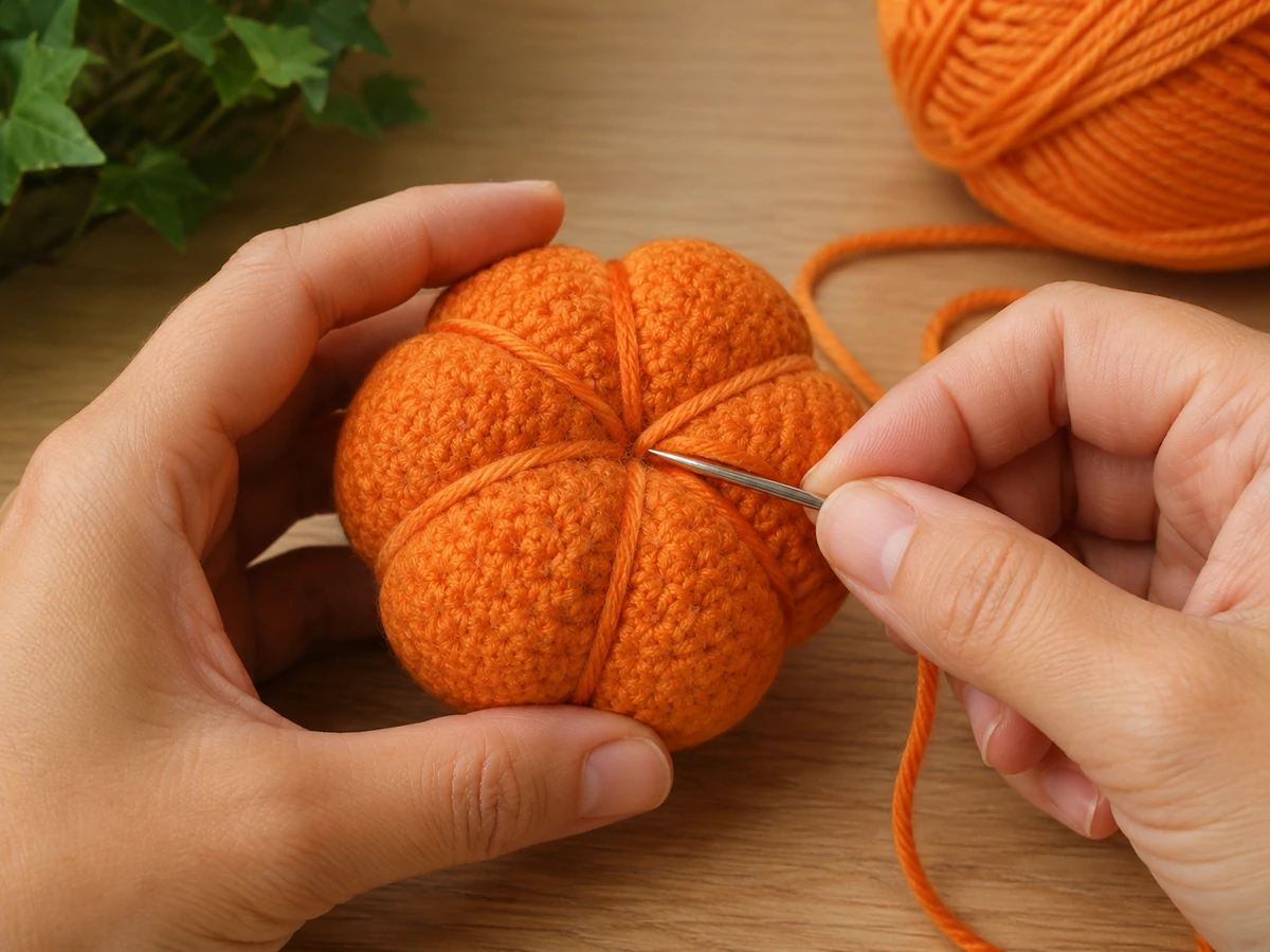 shaping soft ridges on a crochet pumpkin fidget with a yarn needle