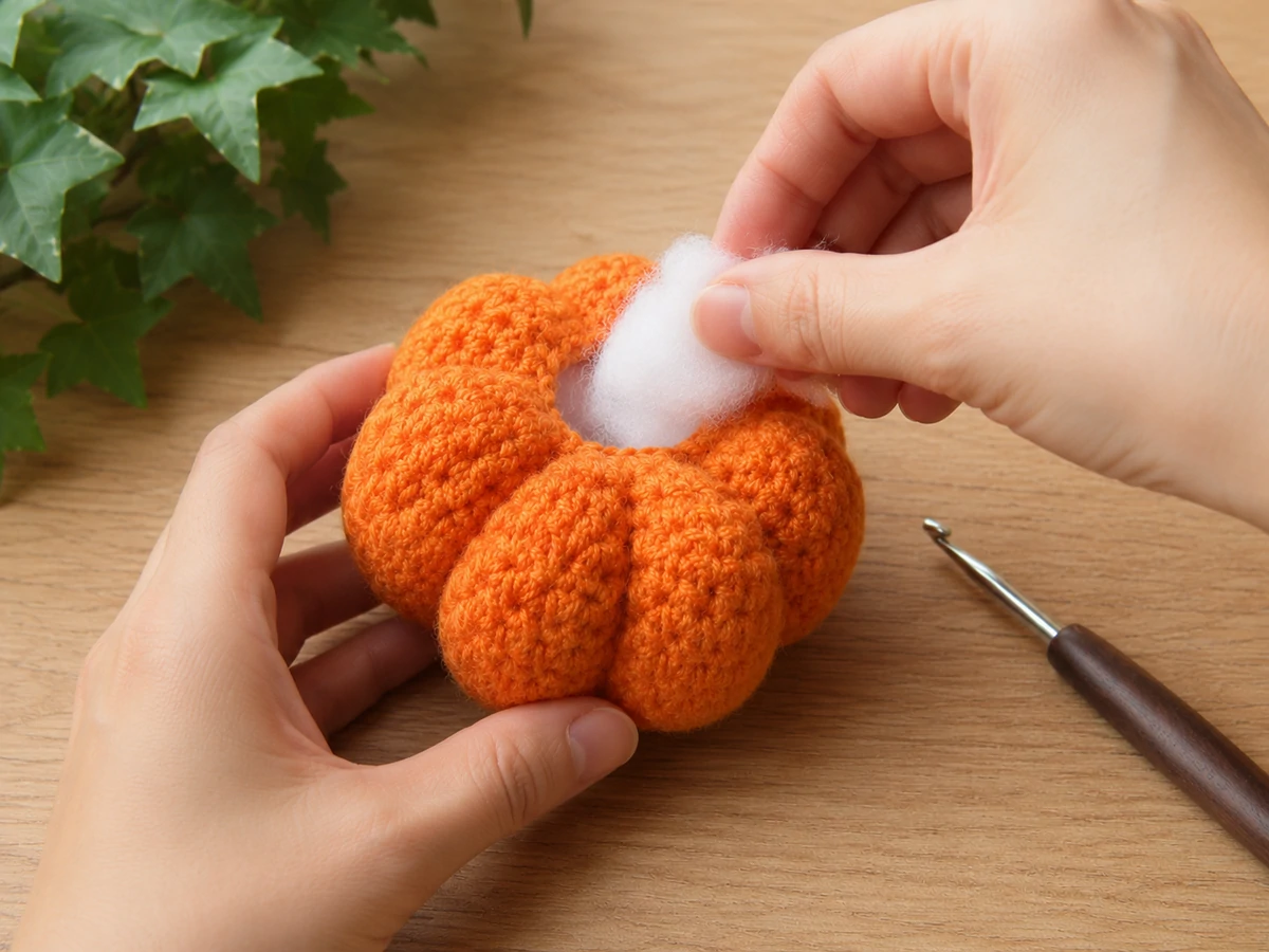 adding fiberfill inside a crochet pumpkin fidget toy before closing