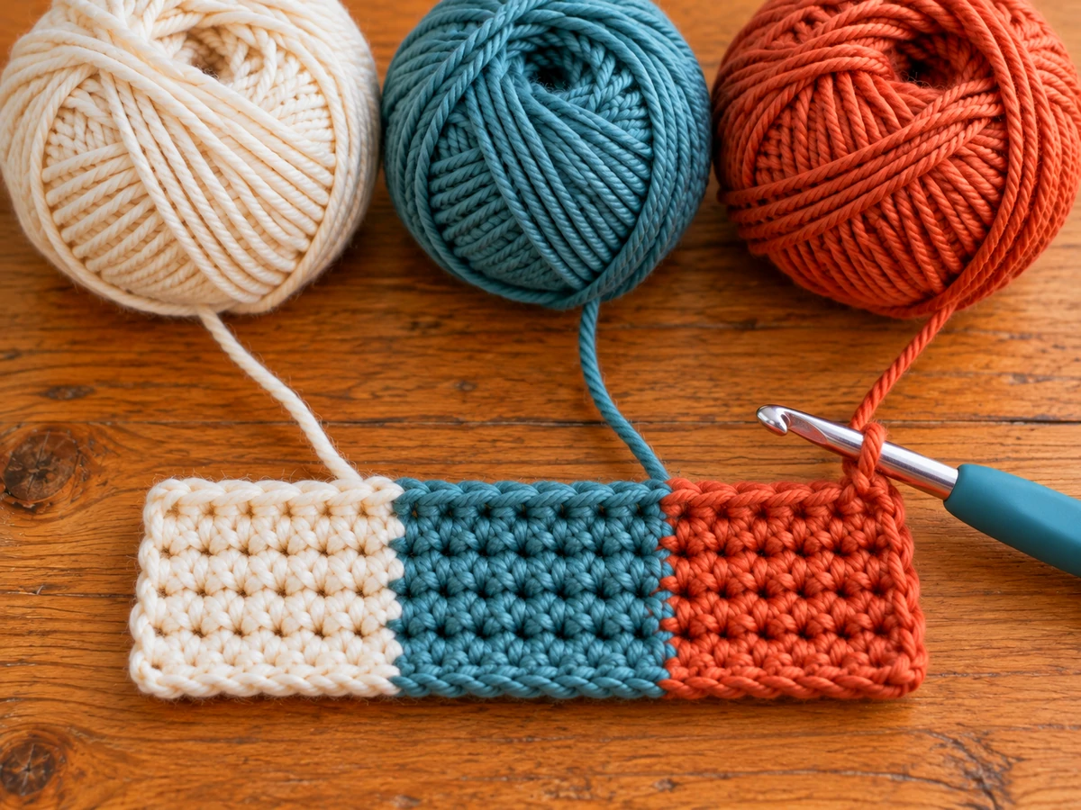 Three color crochet practice swatch with cream teal and rust vertical blocks