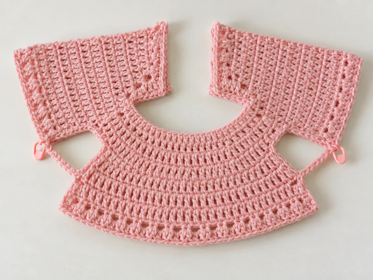 Crochet baby dress yoke divided for armholes with chain bridges