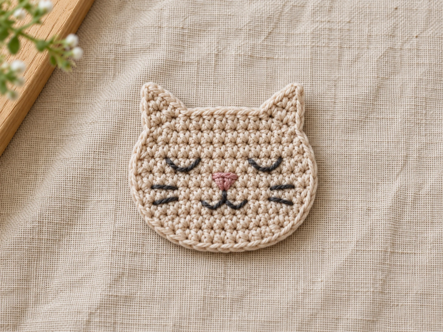 Flat oatmeal-colored crochet cat head with two pointed ears, embroidered closed eyes, pink nose, and charcoal whiskers