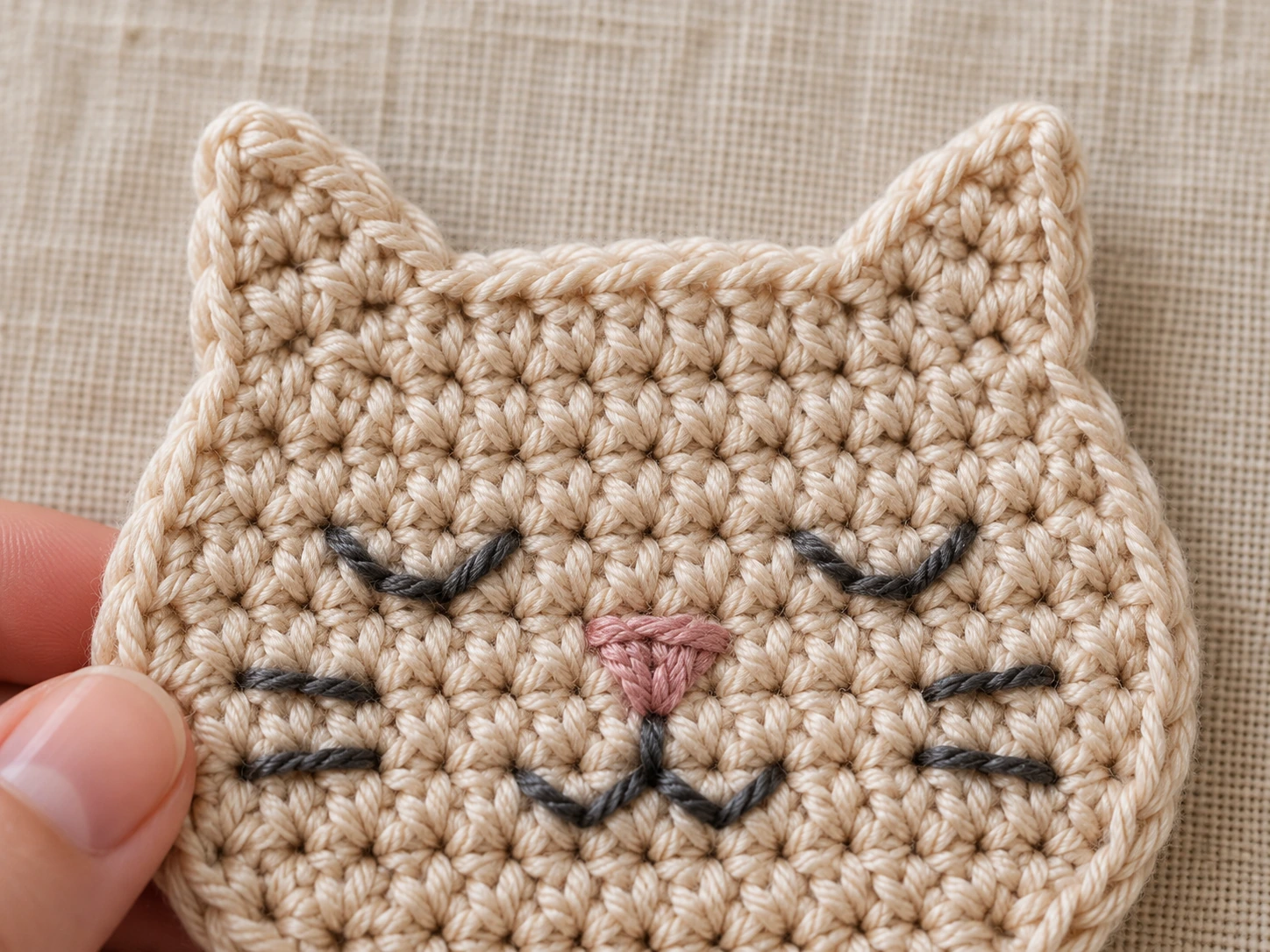 Close view of two stitched closed eyes, a small dusty pink triangular nose, and four charcoal whiskers on a beige crochet cat face