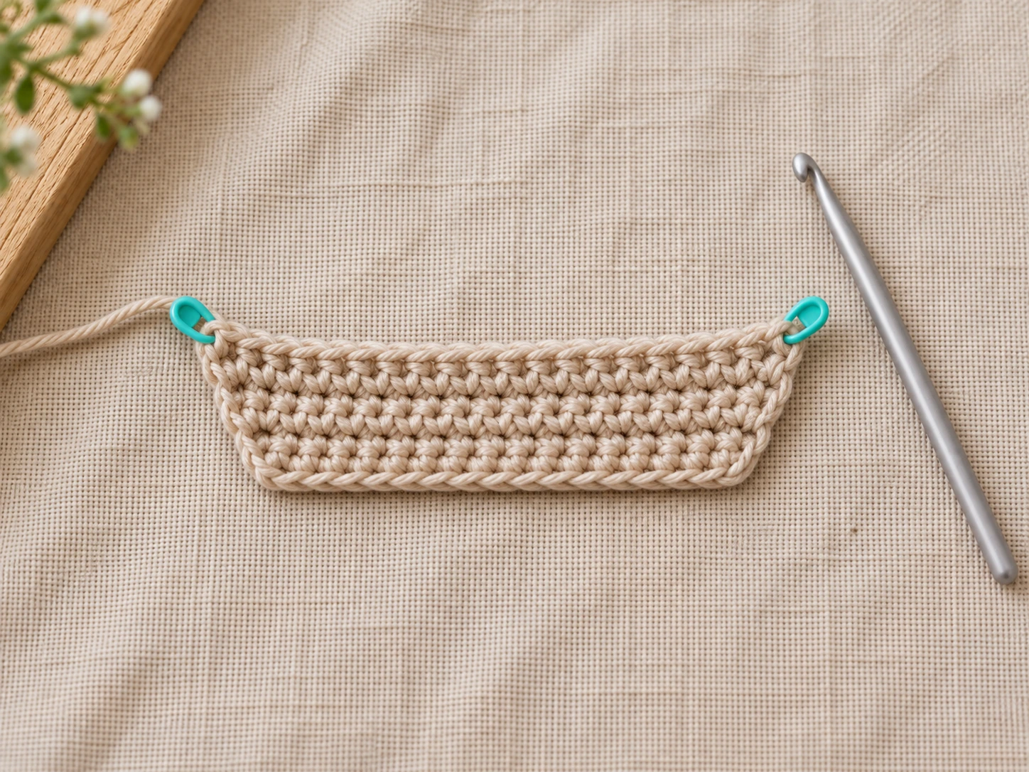 Partly finished oatmeal crochet cat head after four rows, widening from ten to sixteen single crochet stitches