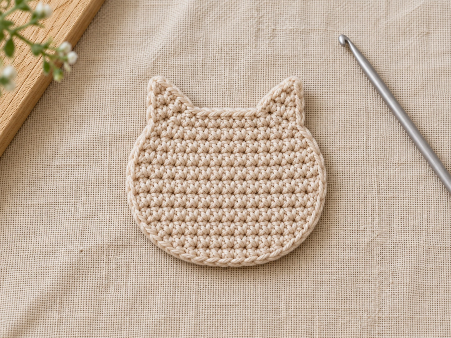 Unembroidered oatmeal crochet cat face with two pointed three-row ears and a two-stitch gap between the ears