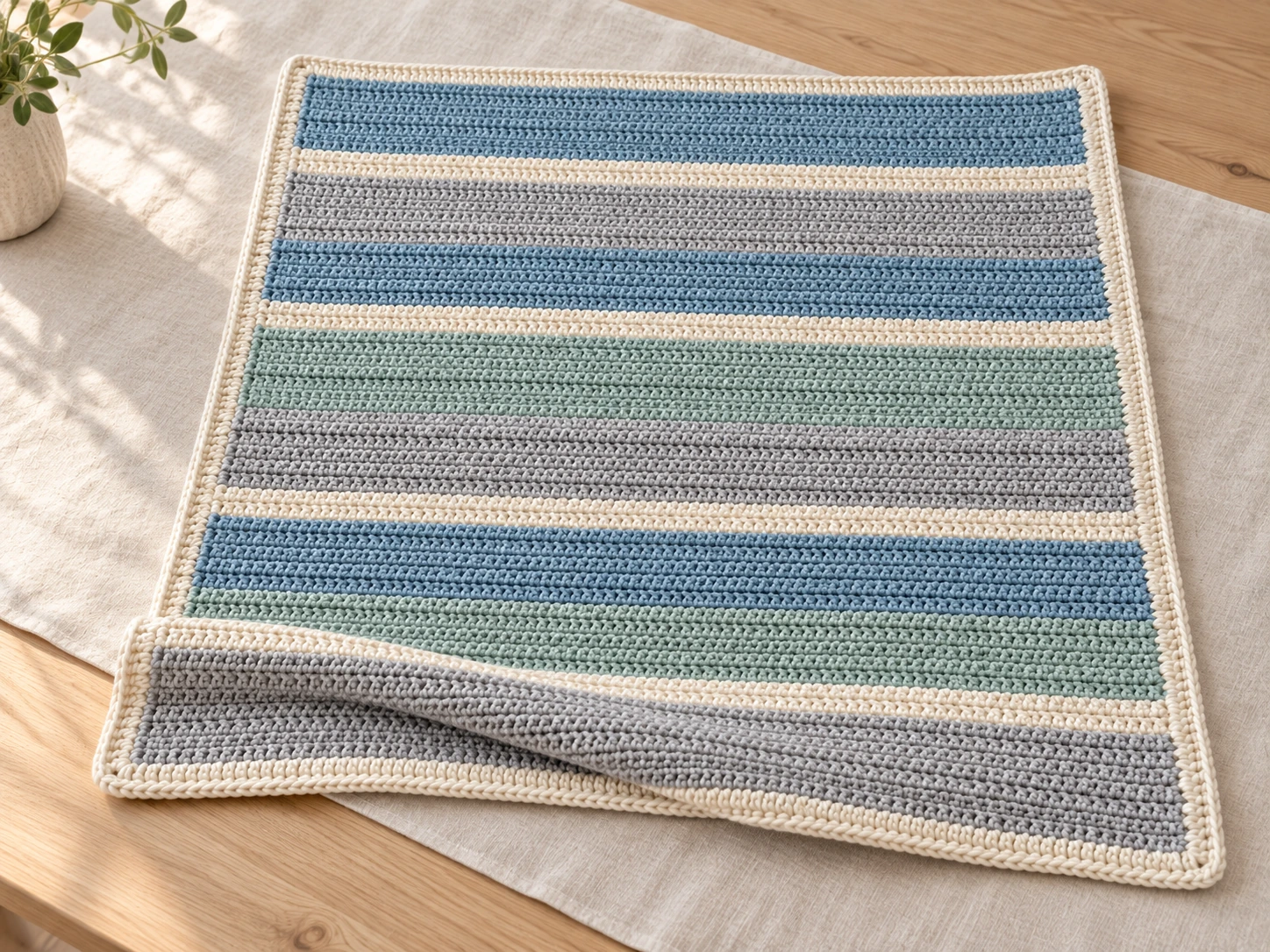 A finished rectangular crochet baby blanket with sea blue, cream, fog gray, and sea-glass stripes, lying flat on beige linen
