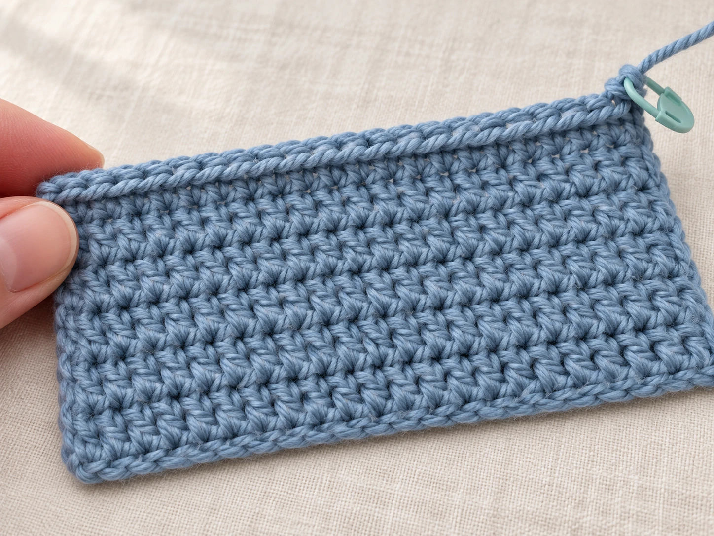 Close-up of a sea-blue crochet swatch with a back-loop single crochet ridge and a stitch marker at the side
