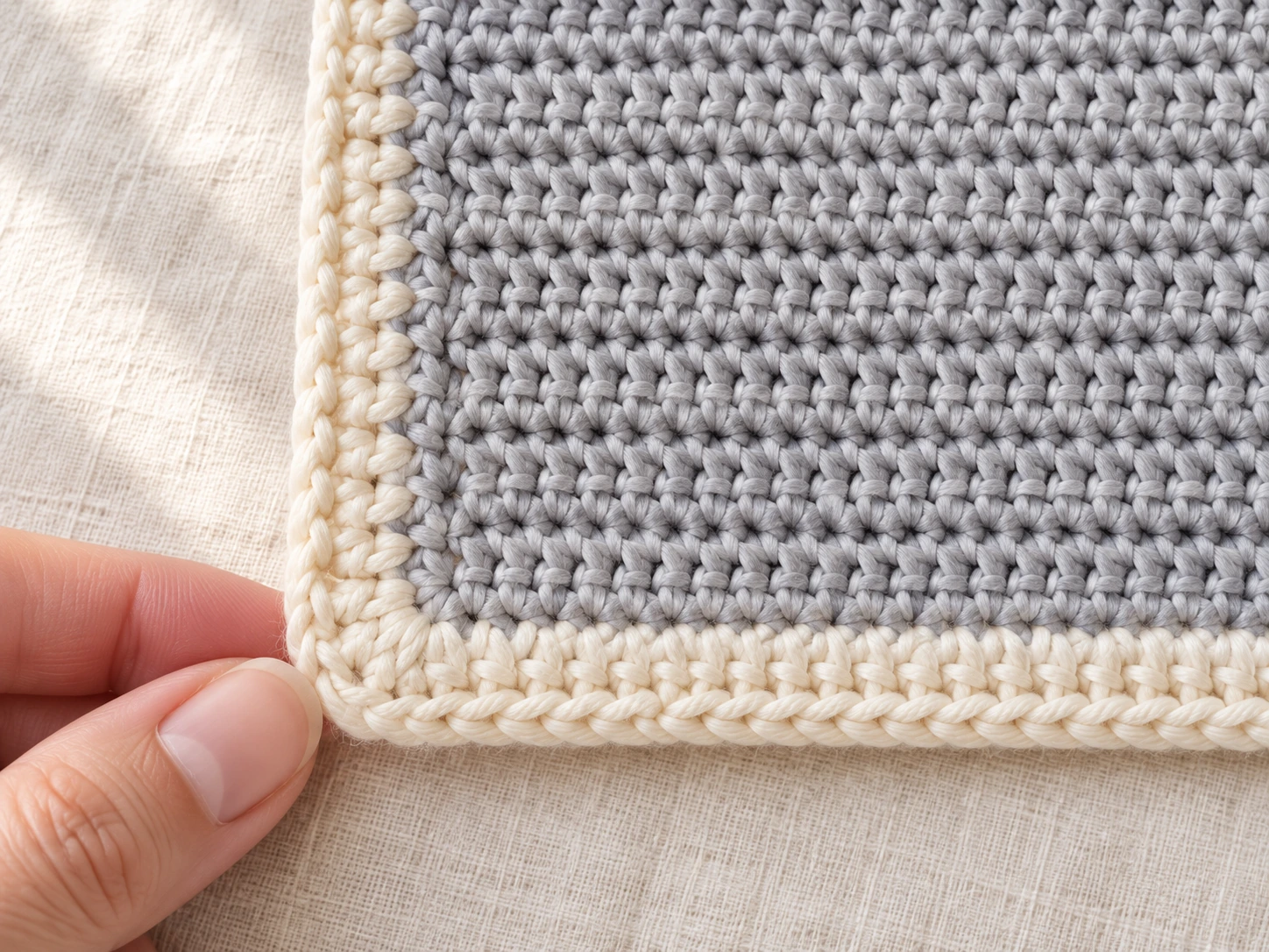 Close-up of a crochet baby blanket corner with two cream single crochet edging rounds and a neat three-stitch corner