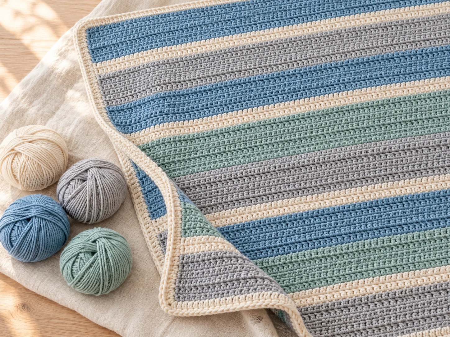 Crochet blanket with horizontal blue, gray, and sea-glass stripes separated by thin cream bands next to four matching yarn balls