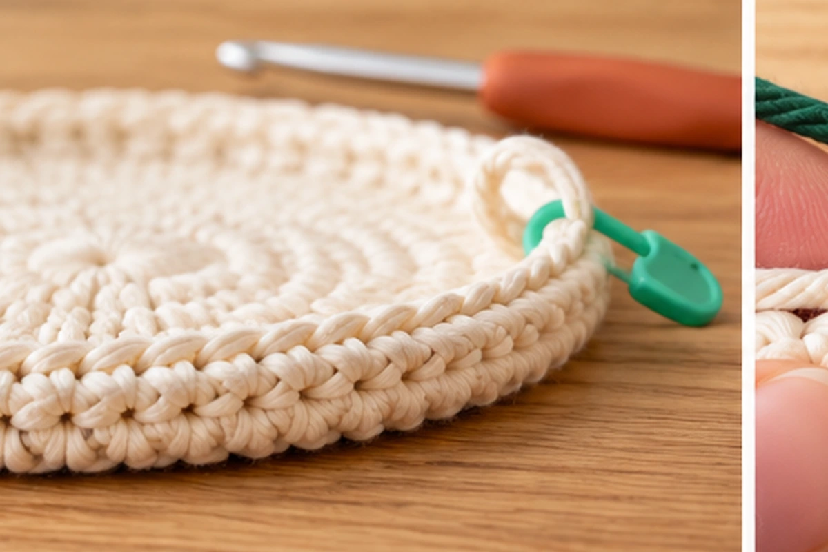 Crocheted cord base seen from the side, with a ridge at the edge and the first row of V stitches standing up