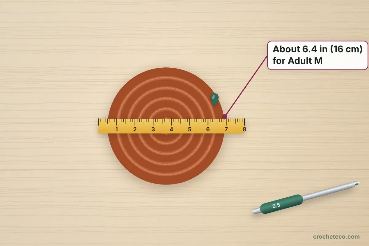 Illustration of a flat crochet circle with a stitch marker and a tape measure showing about 6.4 inches across